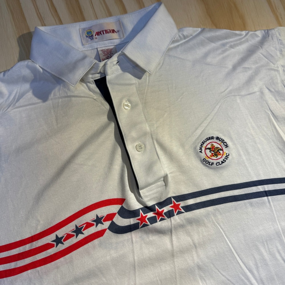Antigua Men's Vintage Anheuser-Busch Golf Classic Patriotic Polo Shirt White L